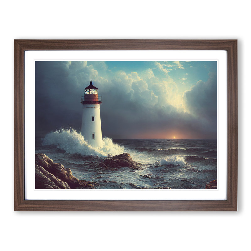 Interesting Lighthouse Seascape - Framed Print, 46cm H x 64cm W x 2cm D, Walnut