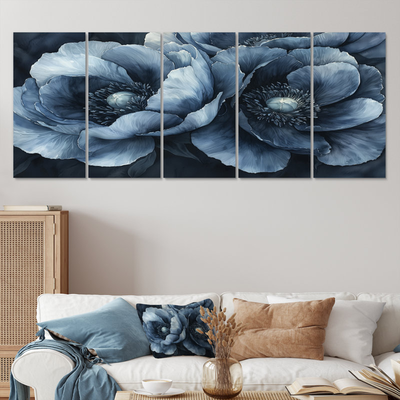 «Blue Mid Night Harmony Peoies I» - Art mural traditionnel, H 32 po x l 80 po, 5