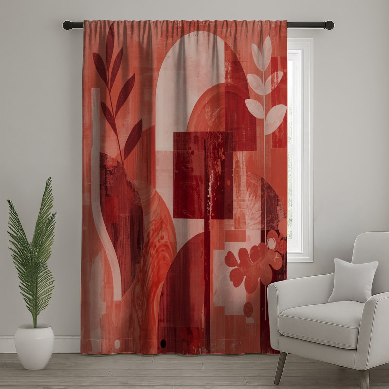 Rideaux de fenêtre abstraits à motif botanique rouge, voilages et rideaux occultant - 1 panneau, 50 po x 92 po - 1 panneau