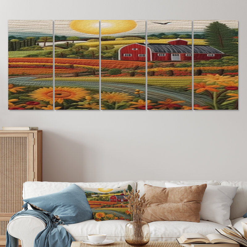 Tournesol champ rouge Bard vert campagne - ferme, art mural 5 pièces, H 32 po x l 80 po