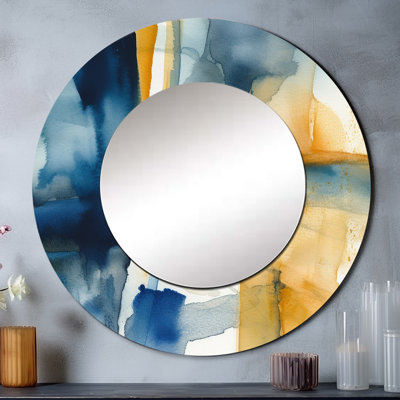Bleu et or Fusion V - décor de miroir mural unique, grand miroir rond moderne, art imprimé en métal