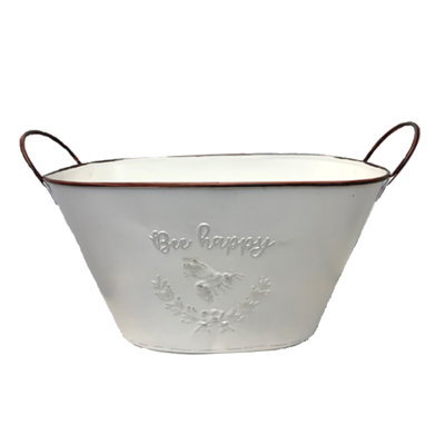 Embossed White With Bee Happy Design Oval Metal Bucket