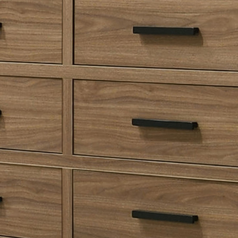 Commode large Pize, 6 tiroirs, poignées linéaires en métal noir, brun noyer