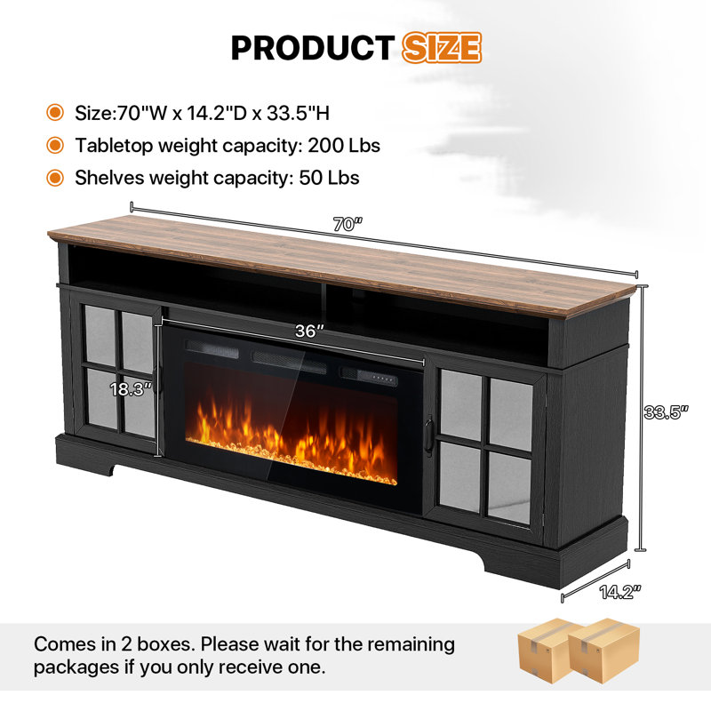 70"W Farmhouse Fireplace TV Stand, Entertainment Center With Adjustable Shelves & Glass Doors, Tv Console With Cable Holes