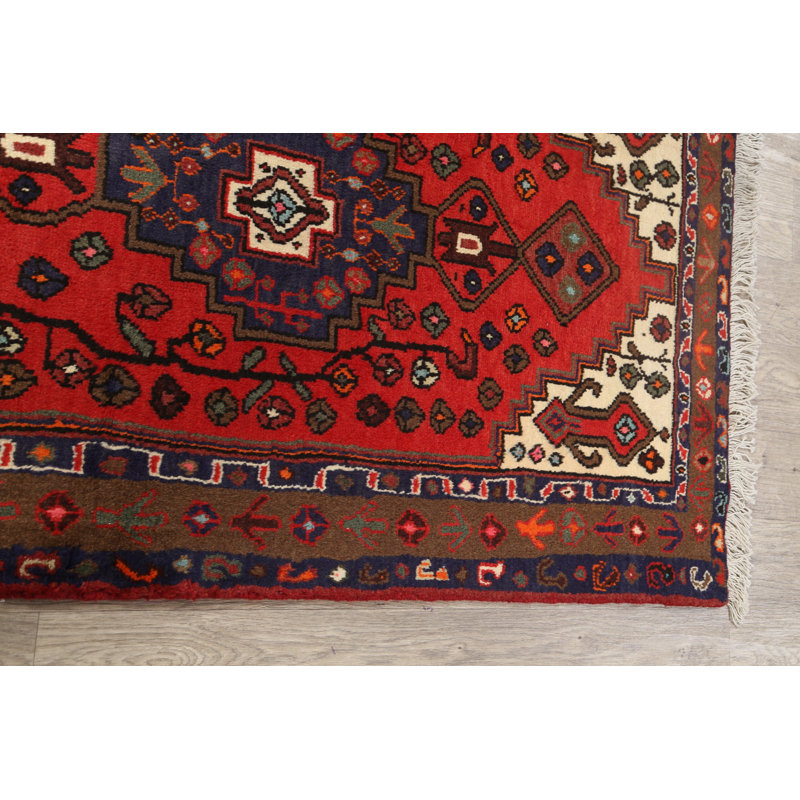 Tapis rouge en laine noué à la main de conception unique 3 pi 2 po x 5 pi 2 po Sainsbury