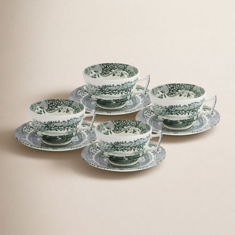 Héritage vert italien 7 oz. Tasses à thé et soucoupes, ensemble de 4