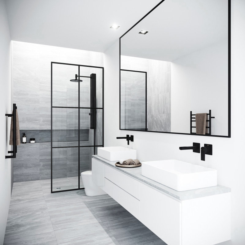 Écran de douche à cadre fixe avec verre 3/8 po Ventana l 34 po x H 74 po Ventana, Noir mat transparent