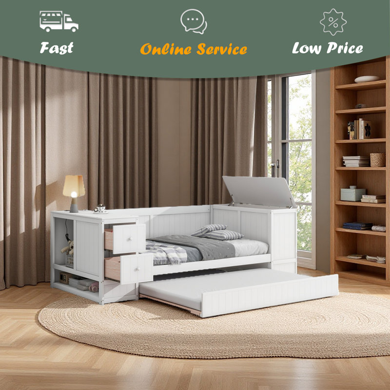 Twin Size Daybed With Storage Arms, White