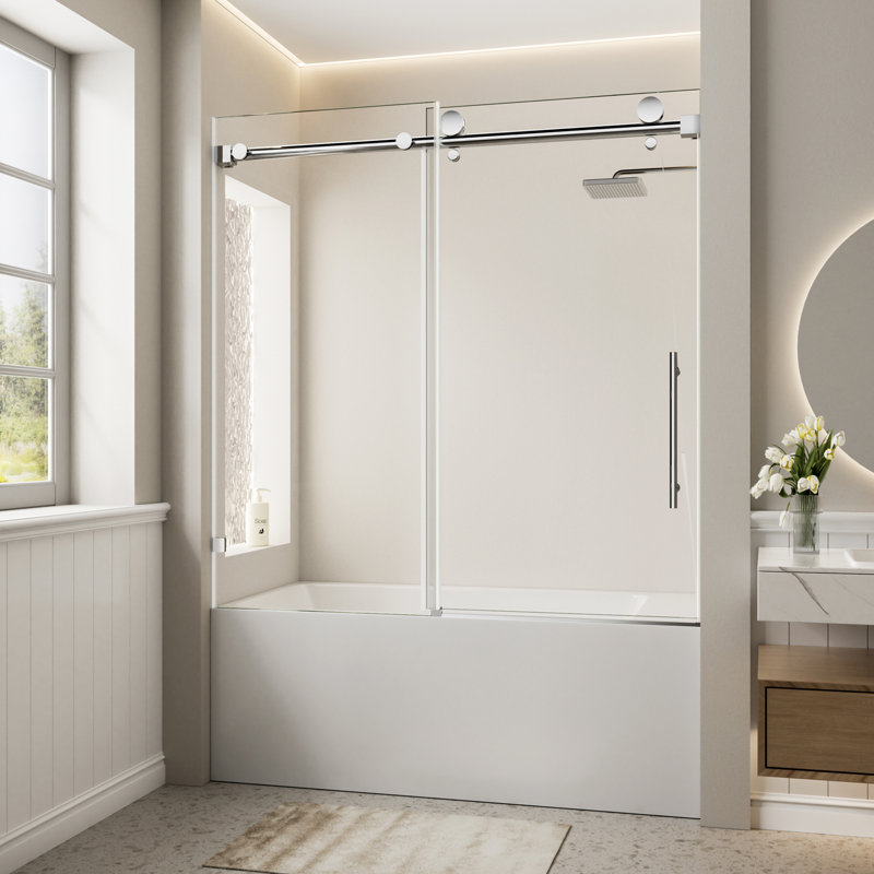 Porte de douche coulissante simple sans cadre, porte de baignoire avec poignée en acier inoxydable