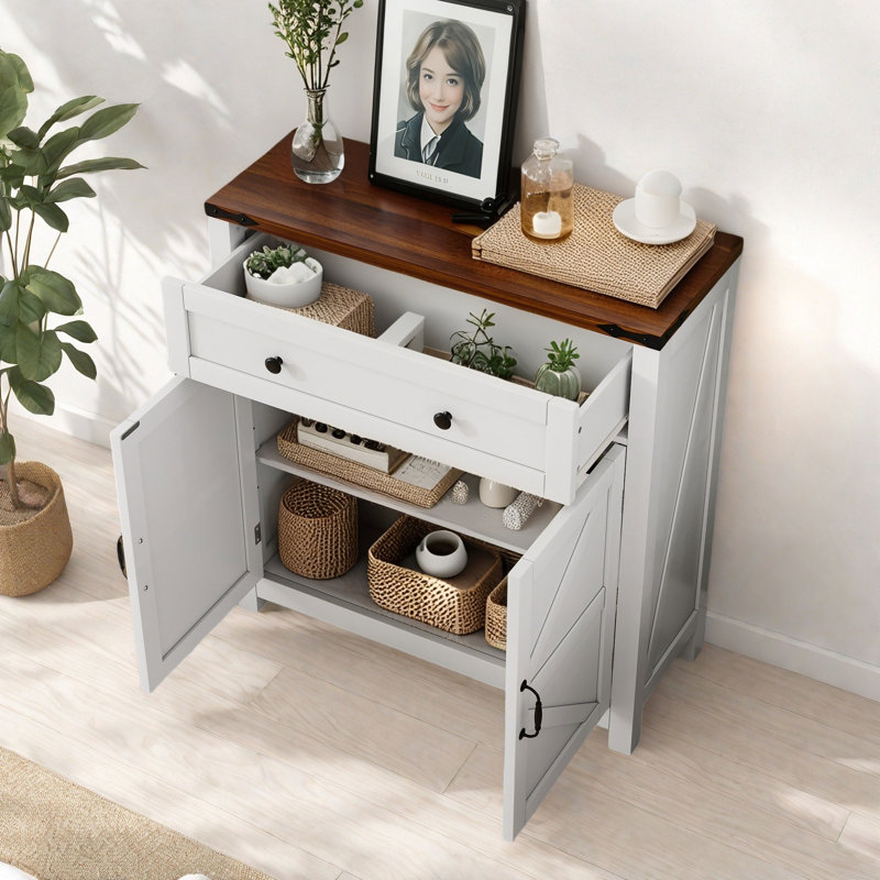 Armoire de rangement Farmhouse avec portes de grange et plateau en noyer