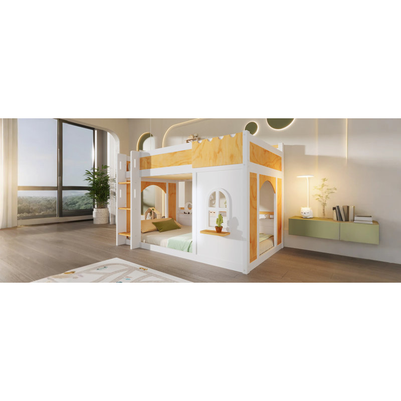Lit superposé simple au-dessus de simple avec tablettes de rangement, fenêtre et deux portes, blanc et naturel
