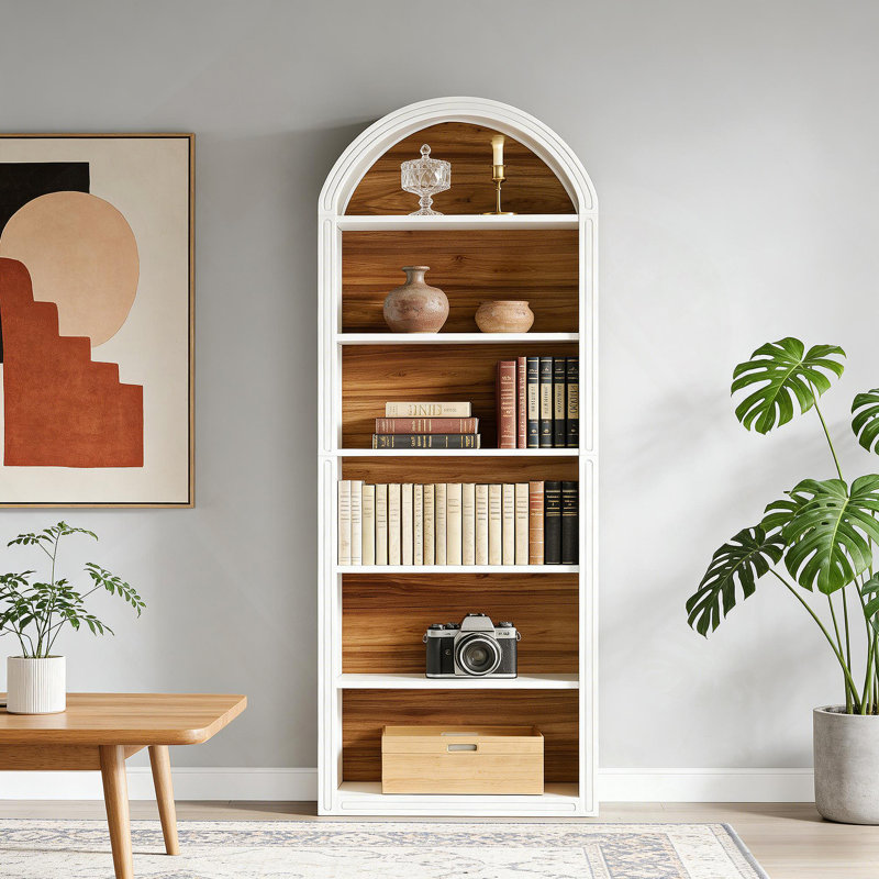 Storage Display Shelf,Elegant Arch Design Bookshelf, (6 Shelves) 77.22"H x 31.52"W x 11.82"D, White