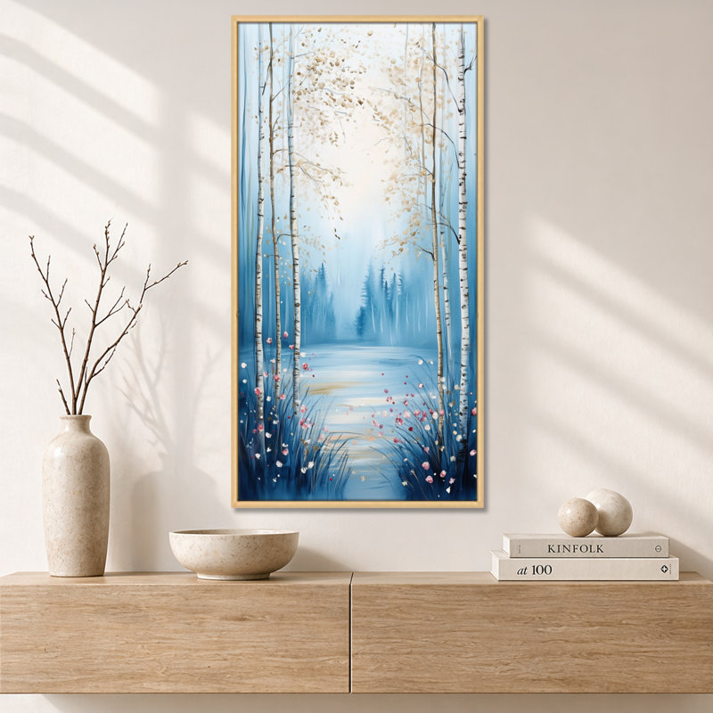 «White Blue Spring Blooms in Birch Tree Forest II», reproduction d'art sur toile encadrée minimaliste, Nature