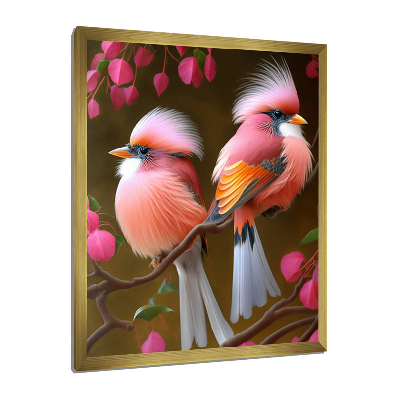 Cardinal rose sur une branche I, Encadrement doré, H 32 po x l 24 po x P 1 po