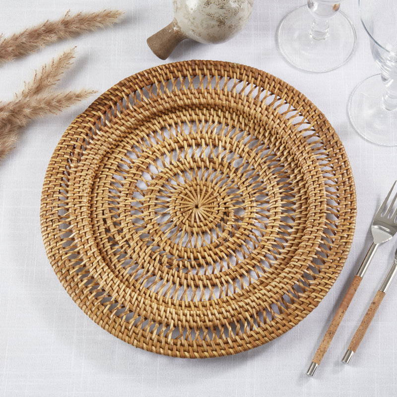 Ensemble de 4 assiettes décoratives en rotin rustique tissées à la main 13 po, ensemble de 4, Caramel