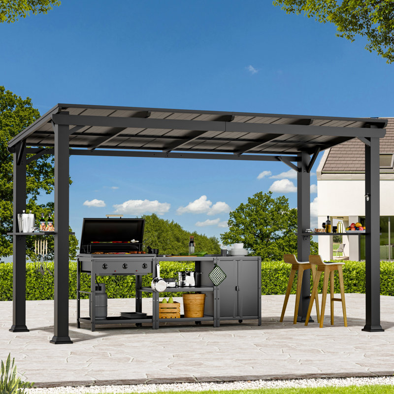 Montauk 6' X 12' Outdoor BBQ Patio Hard Top Grill Gazebo With Slop Roof, Bar Table Counter With Hooks And Opener, Matte Black