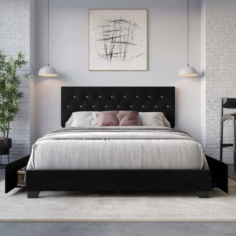 Lit plateforme avec rangement en tissu d'ameublement Svend, Noir, Très grand