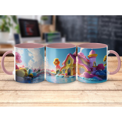 Set of 2 3D Design 11oz Accent Mugs – Ceramic Coffee Cups with a Pink Handle and Interior