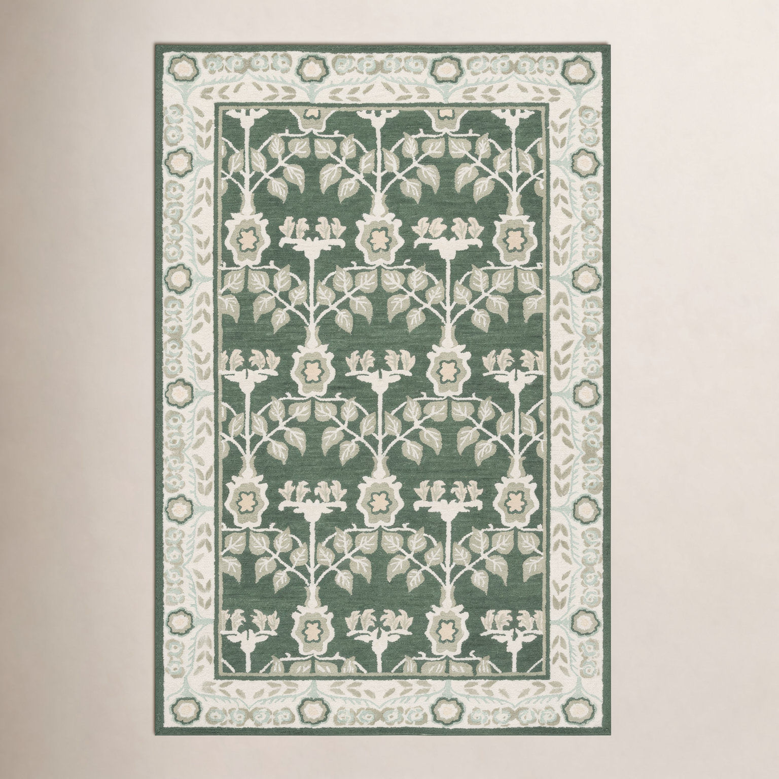 Green Ivory Hand-Tufted Floral Wool Rug, Rectangle 9' x 12'