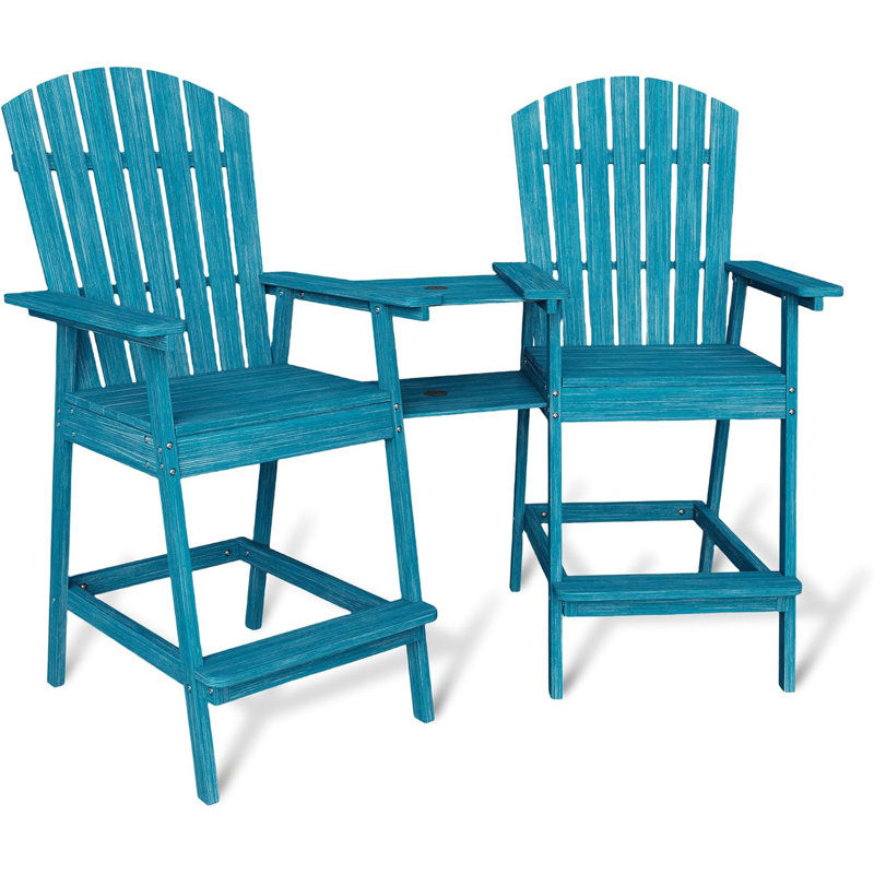 Set of 2 Outdoor Adirondack Barstools with Connecting Tray, Tall Adirondack Chairs Bar Chairs for Deck, Balcony, Backyard, Patio Bar Stool Chair with High Back