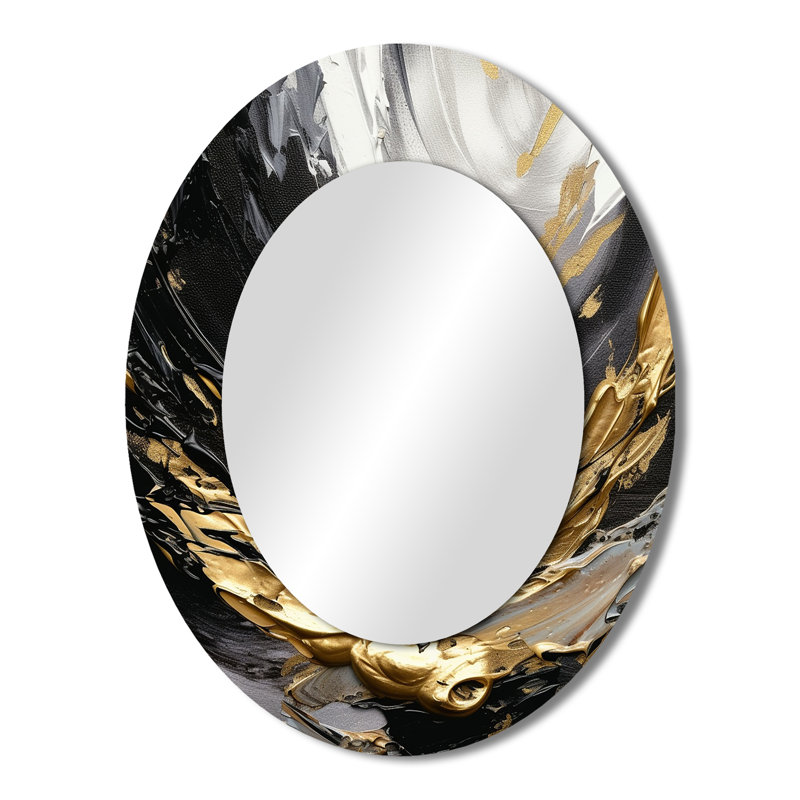Golden Wave Reflections VIII - Black Modern Oval Wall Mirror, 43" x 33"