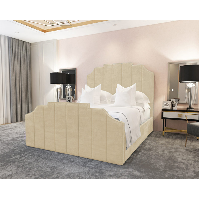 Annalei Regal Velvet Upholstered Bed Frame - Shaped Headboard, Chrome Feet, Double (4'6), Cream