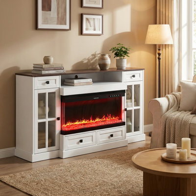 30-inch Electronic Fireplace With White TV Stand and Adjustable Light