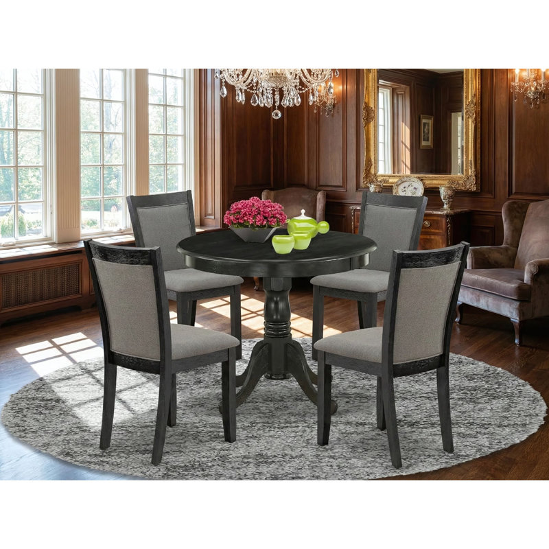 Cet ensemble de table de salle à manger moderne 5 pièces comprend une table de salle à manger moderne et 4 chaises de salle à manger en lin gris foncé Gotham - finition noire brossée