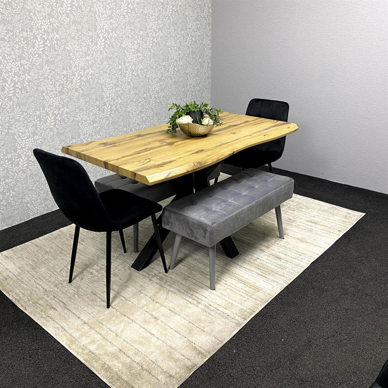 Wooden Brown Dining Table with 2 Velvet Chairs and 2 Grey Padded Benches, Dining Room Furniture, Black