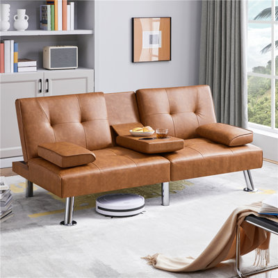 Janni Faux Leather Cushion Back Convertible Sofa with Cup Holder