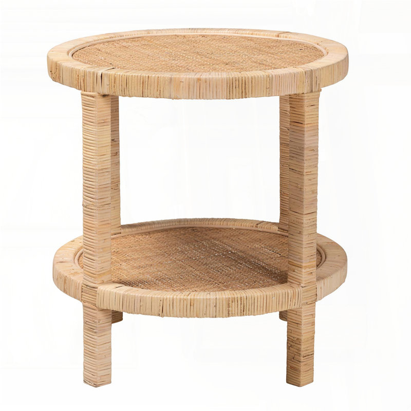 Table de bout moderne à 2 niveaux en bois d'acajou bohémien moderne et en rotin naturel