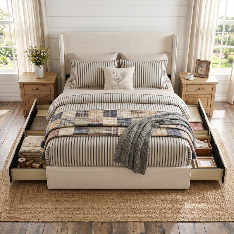 Lit plateforme tapissier Modern, Crème, Double
