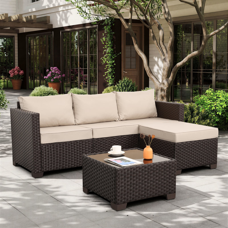 Canapé modulaire d'extérieur en osier 3 pièces avec repose-pieds et table en verre antidérapant, Beige, Brun