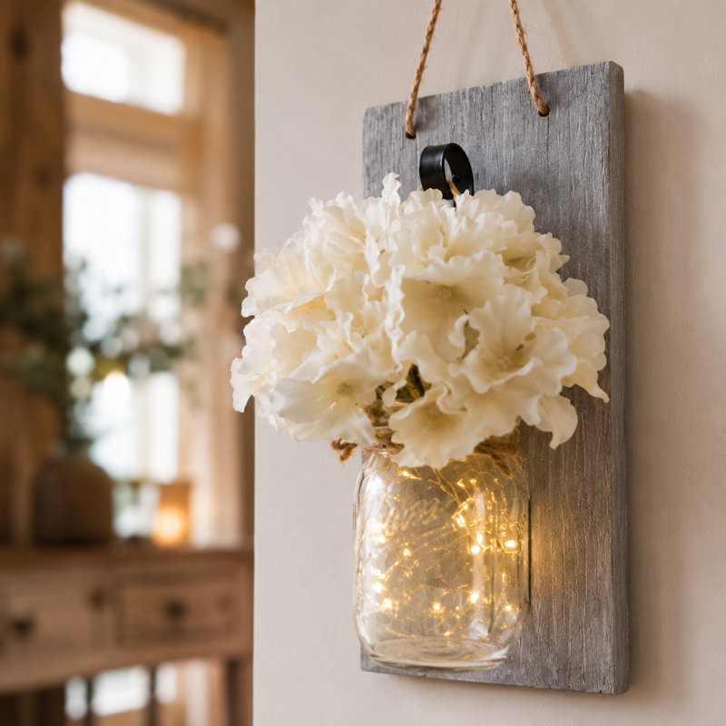 2-Pack Rustic Wall Sconces with Mason Jars, LED Lights, Flowers, Hangers, Grey
