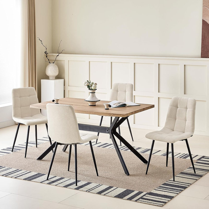 Linen Upholstered Dining Chairs with High Back and Metal Legs, Beige, 4