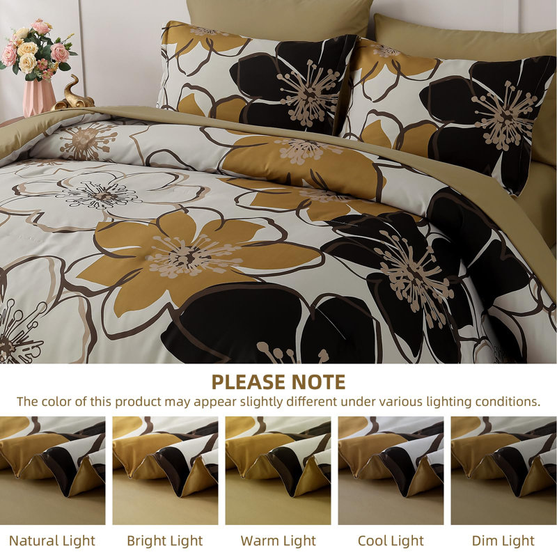 Ensemble d'édredon floral 7 pièces, literie en microfibre douce avec draps pour toutes les saisons, Brun-noir