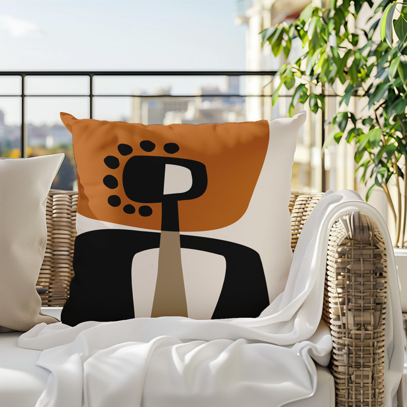 Oreiller carré réversible intérieur / extérieur Tobe Minimalist, H 19 po x l 19 po, Orange brûlé / noir / blanc cassé