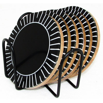 Wood 6 Piece Coaster Set With Holder