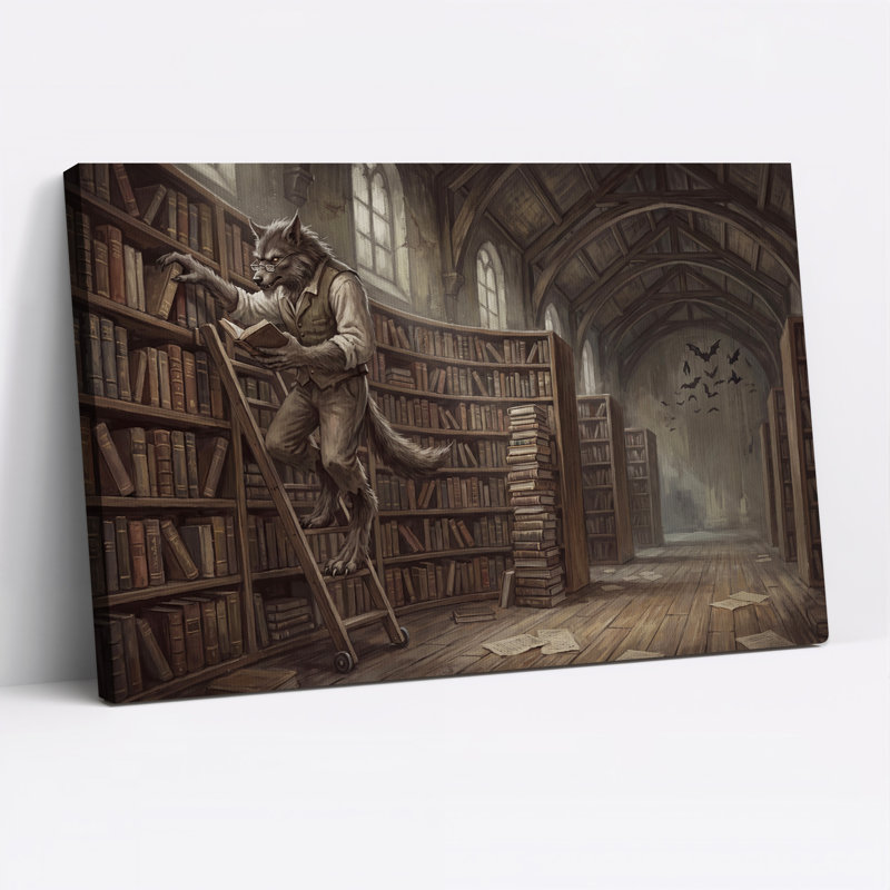 Loup, bibliothèque, lecture, bibliothèque, art mural d'Halloween, H 18 po x l 24 po