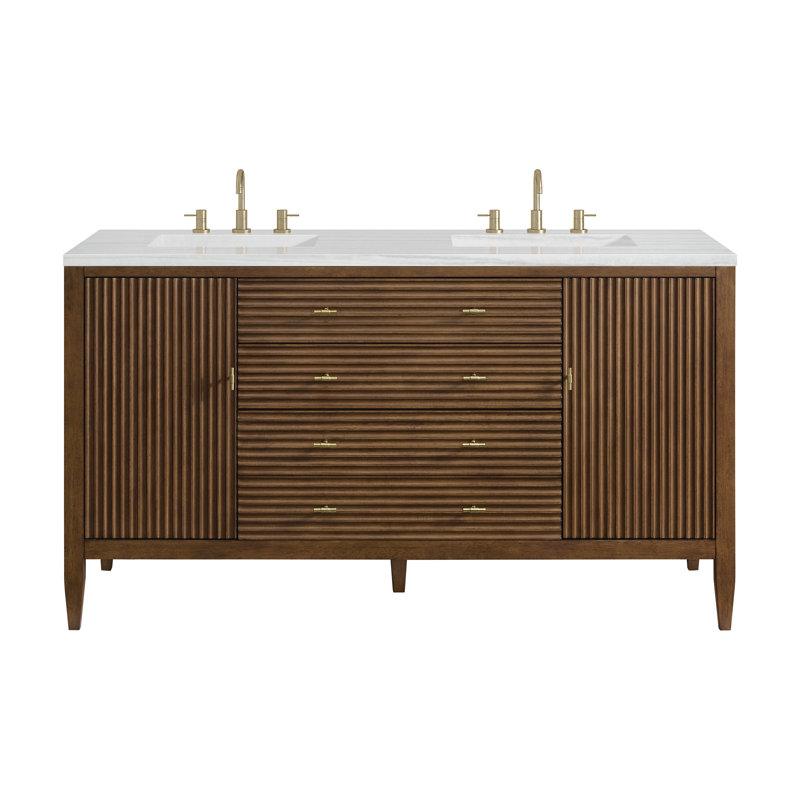 Myrrin 60'' W Double Vanity, Mid-Century Walnut, White Zeus, 8" Widespread