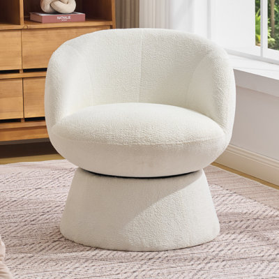 Chenille Swivel Accent Barrel Chair with Two-Tier Mushroom-Inspired Cylindrical Pedestal Base, Soft Upholstered Vanity Armchair for Bedroom or Living Room