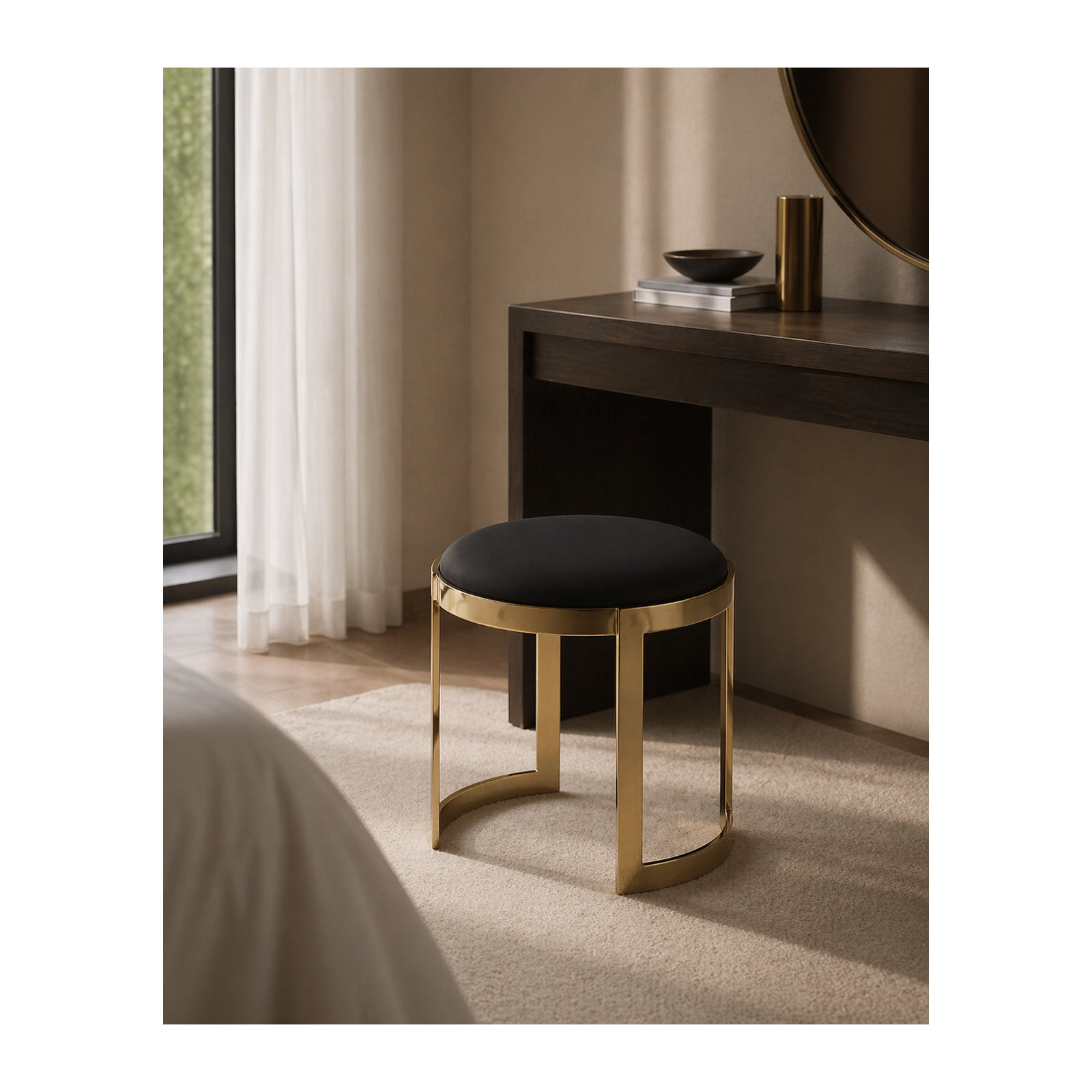 Nouri Accent Stool, Gold, Black Faux Leather