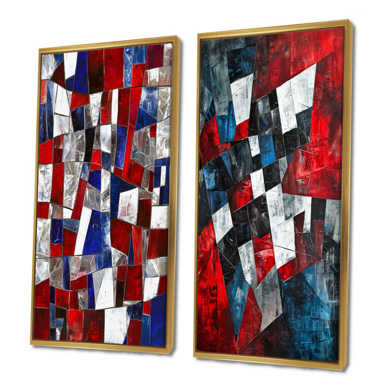«Unity In Force USA Flag Fragments I», art mural mode 2 panneaux, Cadre flottant doré, H 28 po x l 25 po
