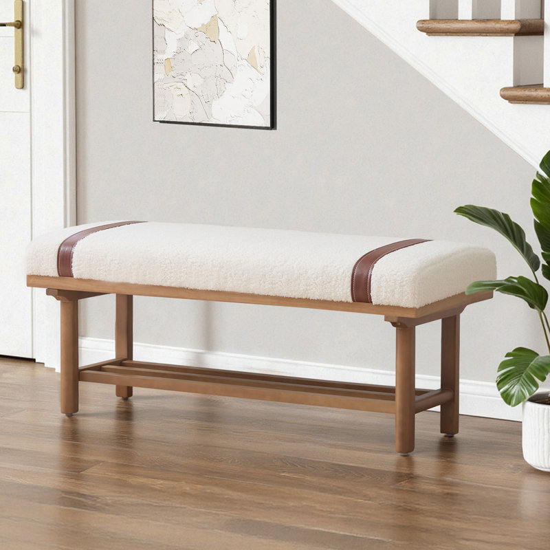 44.5"W Solid Wood Upholstered Bench with Storage Shelf and PU Leather Belt, Off White