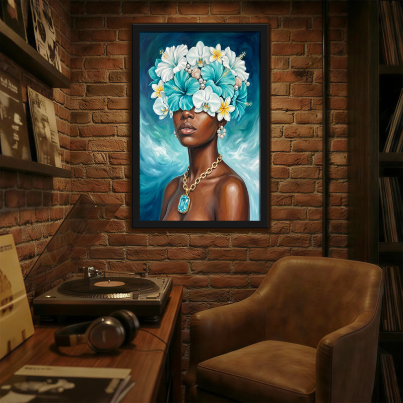 Plantes et fleurs, couronne de fleurs, océan bleu, portrait de femme, H 36 po x l 24 po