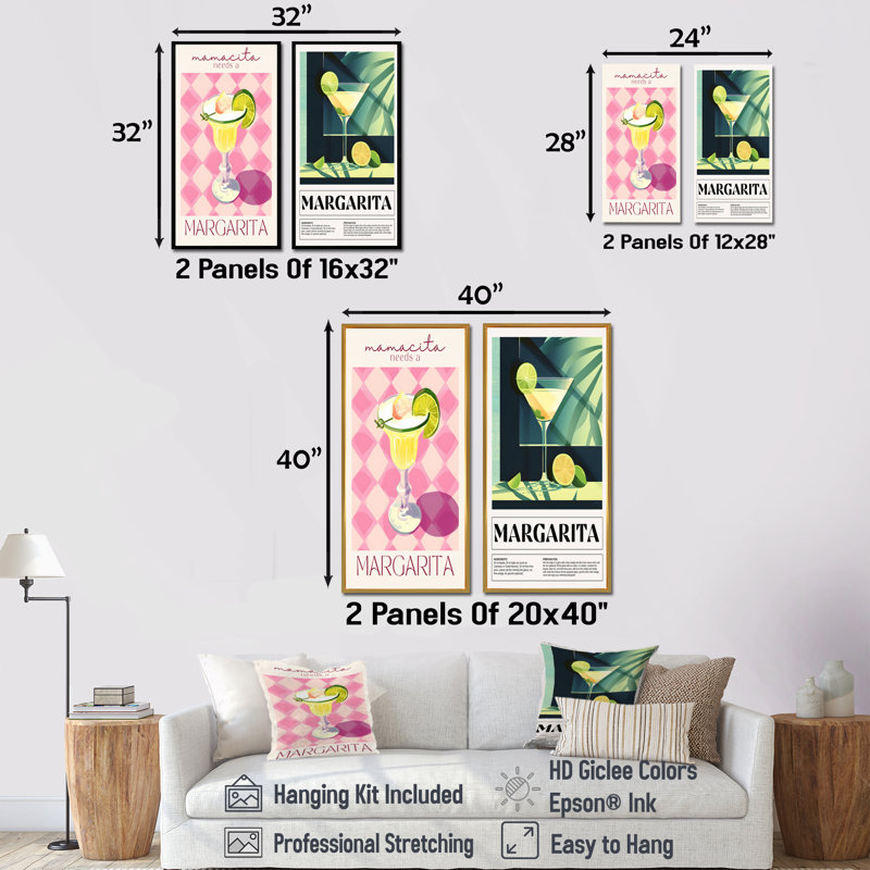 Margarita, ensemble de 2 pièces d'art mural cocktail avec tranche de lime, H 32 po x l 32 po, Impression encadrée, Blanc