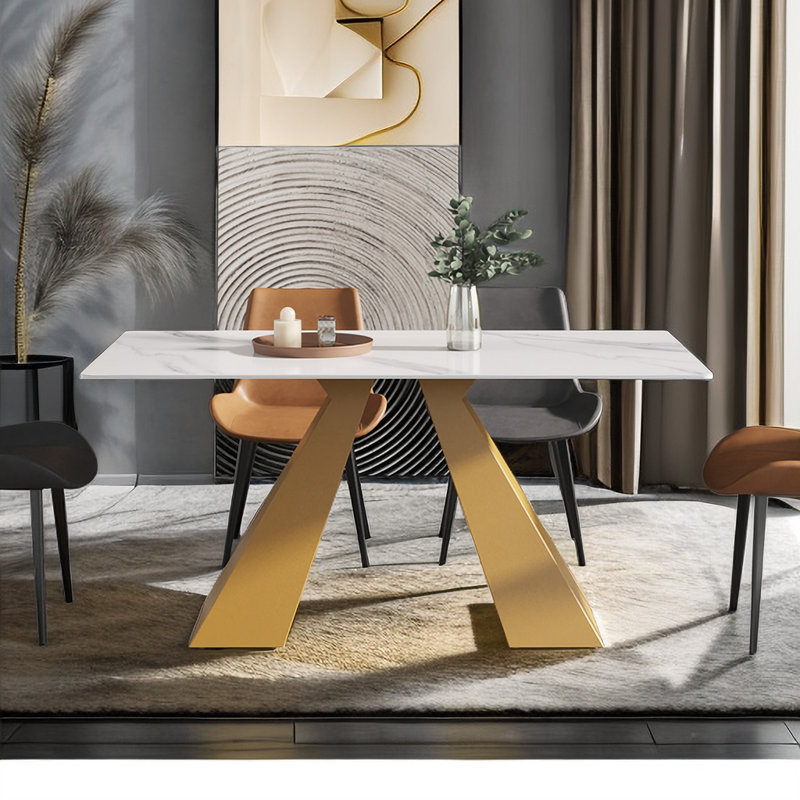 Modern White Marble Rectangular Dining Table with Gold Pedestal