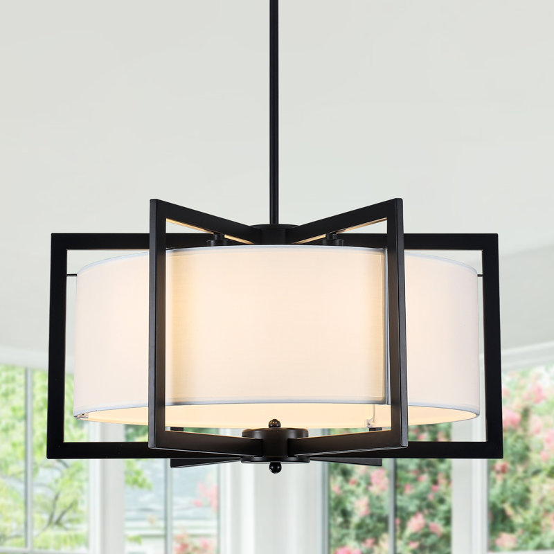 Lustre à 6 lumières avec abat-jour cylindrique à intensité variable de 21,25 po pour le salon de la cuisine, Noir mat