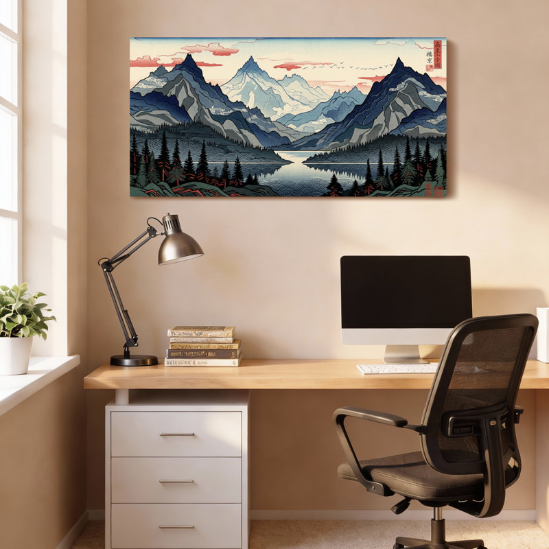 Ensemble de 1 tableau sur toile tendue de style japonais représentant un paysage de montagne, 4824