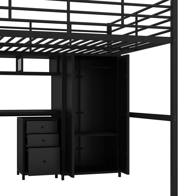 Lit mezzanine en métal avec table et garde-robe, double, conception épurée noire, structure solide, rangement spacieux, assemblage simple de taille double et de construction moderne, structure de la structure, espaces de rangement abondants, processus